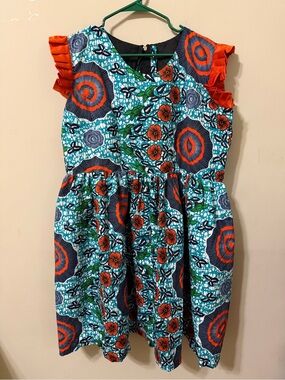 Women’s plus 2x handcrafted African Turquoise & Orange Ruffle-Sleeve Dress